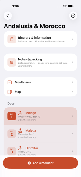 A trip in Long Story, with its itinerary, notes and days listed down the screen
