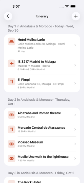 An itinerary listing a hotel, a flight and a restaurant across three days